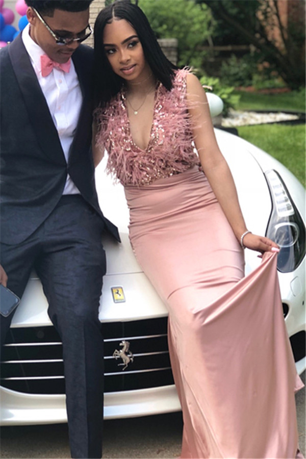 Sexy Straps Fur V-Neck Prom Dresses | 2021 Pink Sleeveless Mermaid Eve newarrivaldress Sexy Straps Fur V-Neck Prom Dresses | 2021 Pink Sleeveless Mermaid Eve newarrivaldress