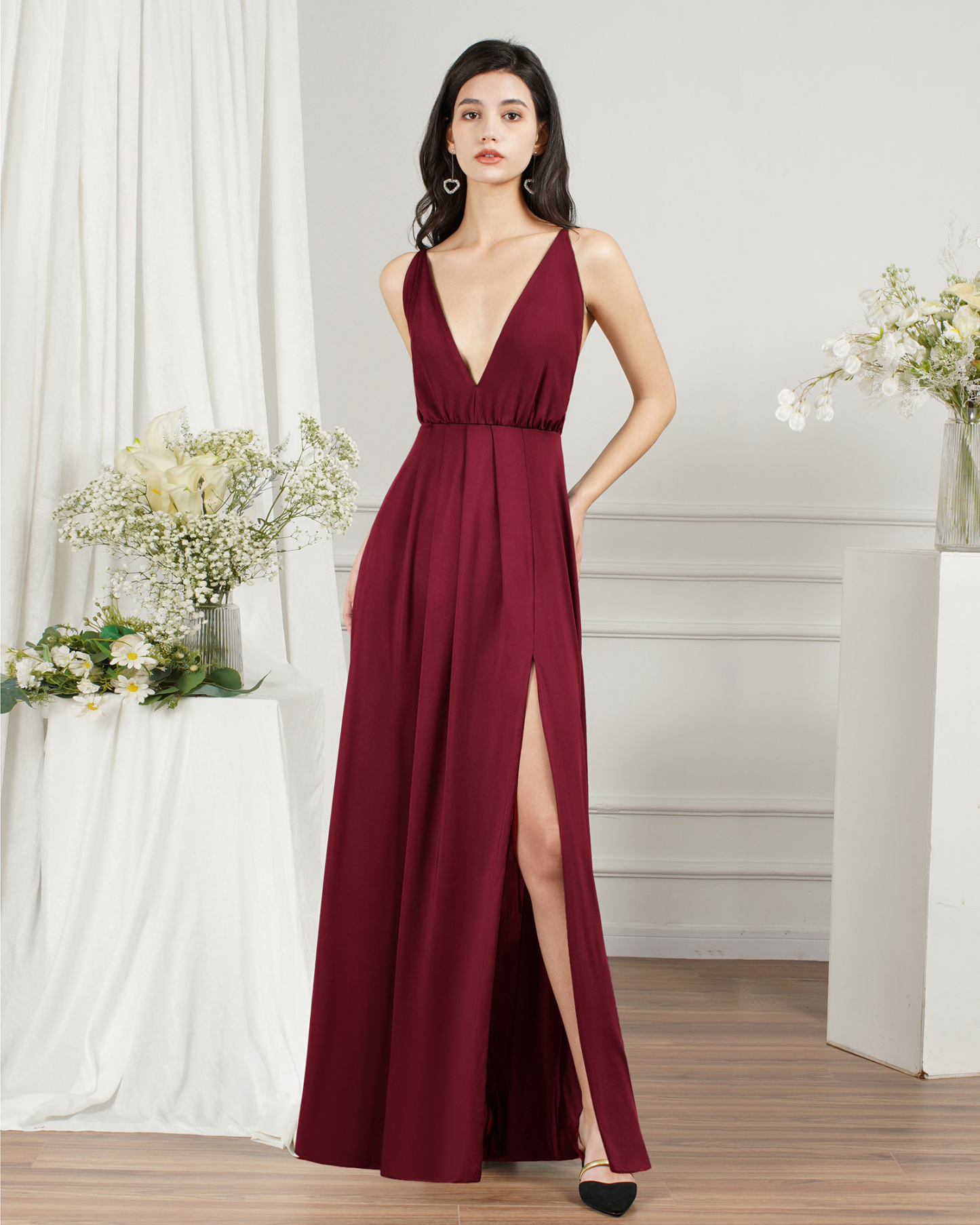 Sleeveless Side Slit Evening Dress V-Neck Aline Floor-Length Dress-newarrivaldress