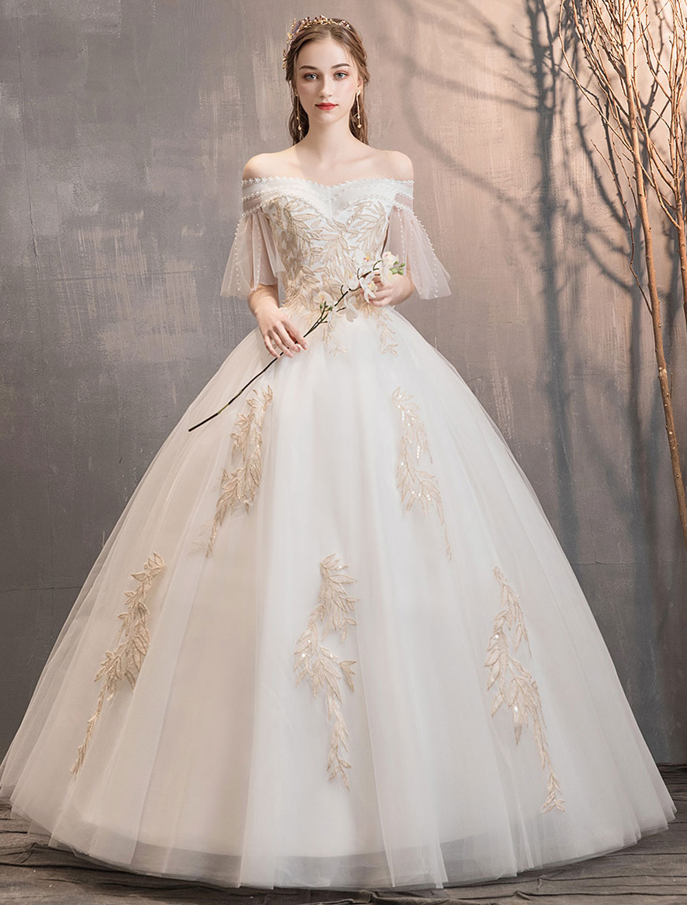 Princess Wedding Dress Ivory Off The Shoulder Floor Length Bridal Gown-newarrivaldress