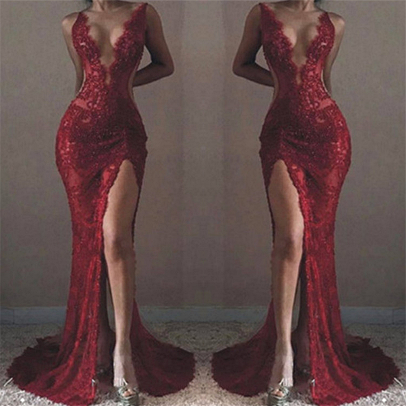 TRUDY | Mermaid Front-Split Sleeveless V-neck Lace Appliques Prom Dresses-newarrivaldress