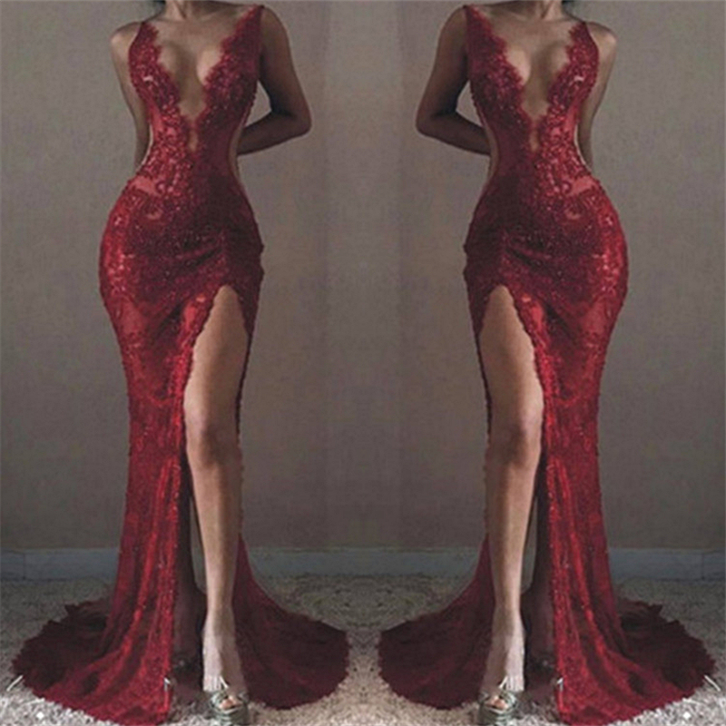 TRUDY | Mermaid Front-Split Sleeveless V-neck Lace Appliques Prom Dresses-newarrivaldress