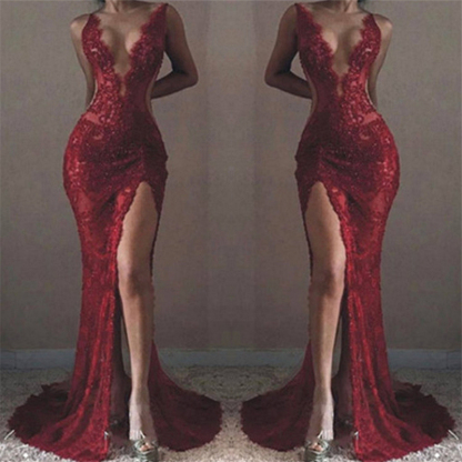 TRUDY | Mermaid Front-Split Sleeveless V-neck Lace Appliques Prom Dresses-newarrivaldress