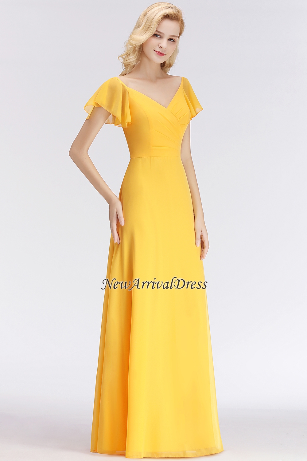 Yellow Simple Short-Sleeve Floor-length Bridesmaid Dress-newarrivaldress