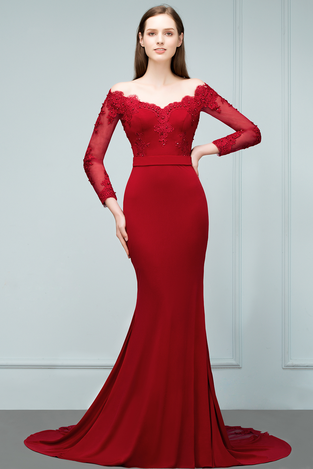 JOYCE | Mermaid Floor Length V-neck Off-shoulder Long Sleeves Appliqued Prom Dresses-newarrivaldress