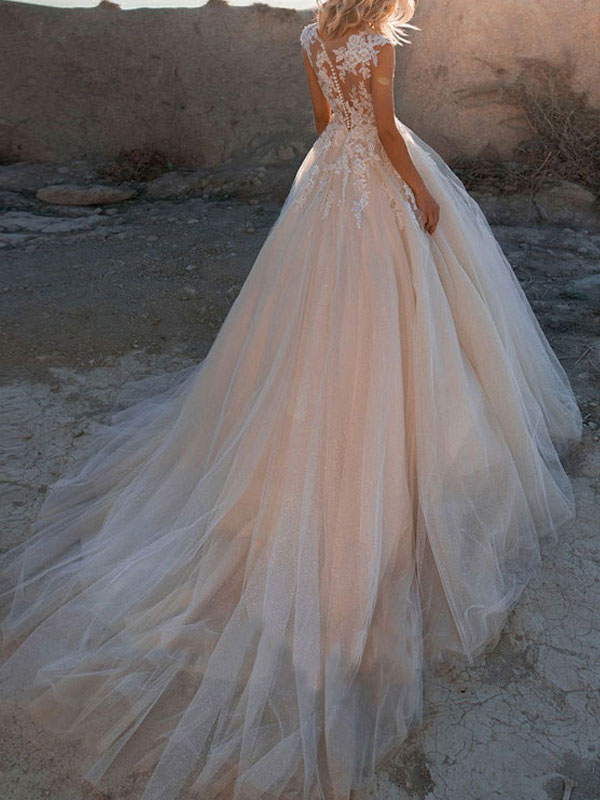 Wedding Dresses 2021 Princess Silhouette Jewel Neck Sleeveless Natural Waist Lace Soft Pink Tulle Bridal Gowns-newarrivaldress