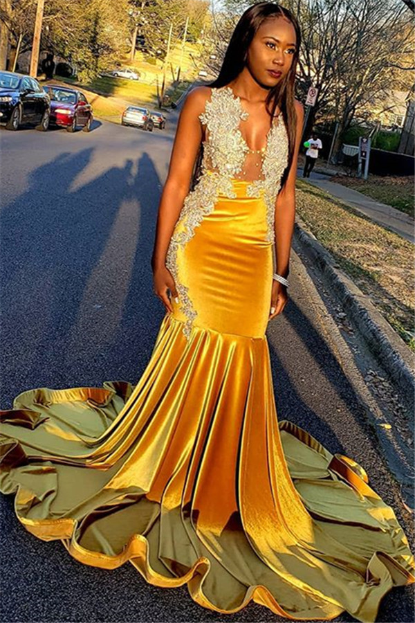 Glamorous Yellow Velvet V-Neck Sleeveless Sexy Mermaid Prom Dress-newarrivaldress