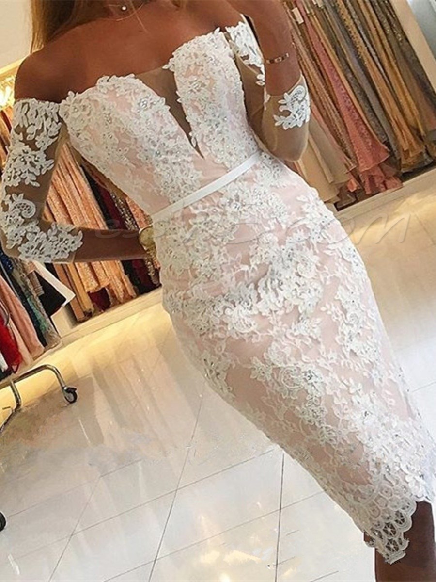 sachin and babi light blue dress Lace Off-the-shoulder 3/4-length Sleeve Homecoming Dress Short -newarrivaldress