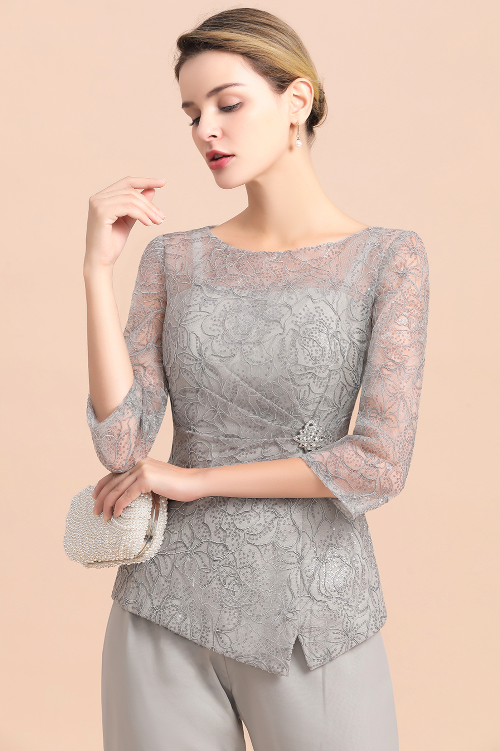 3/4 Sleeves Lace Chiffon Silver Mother of Bride Jumpsuit for Wedding Party-newarrivaldress