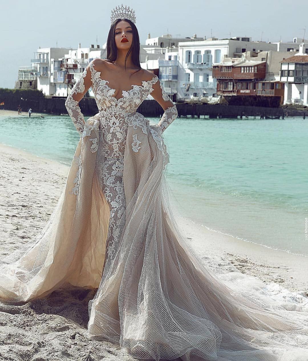 Glamorous V-Neck Long Sleeves Tulle Applique Wedding Dresses with Overskirt-newarrivaldress