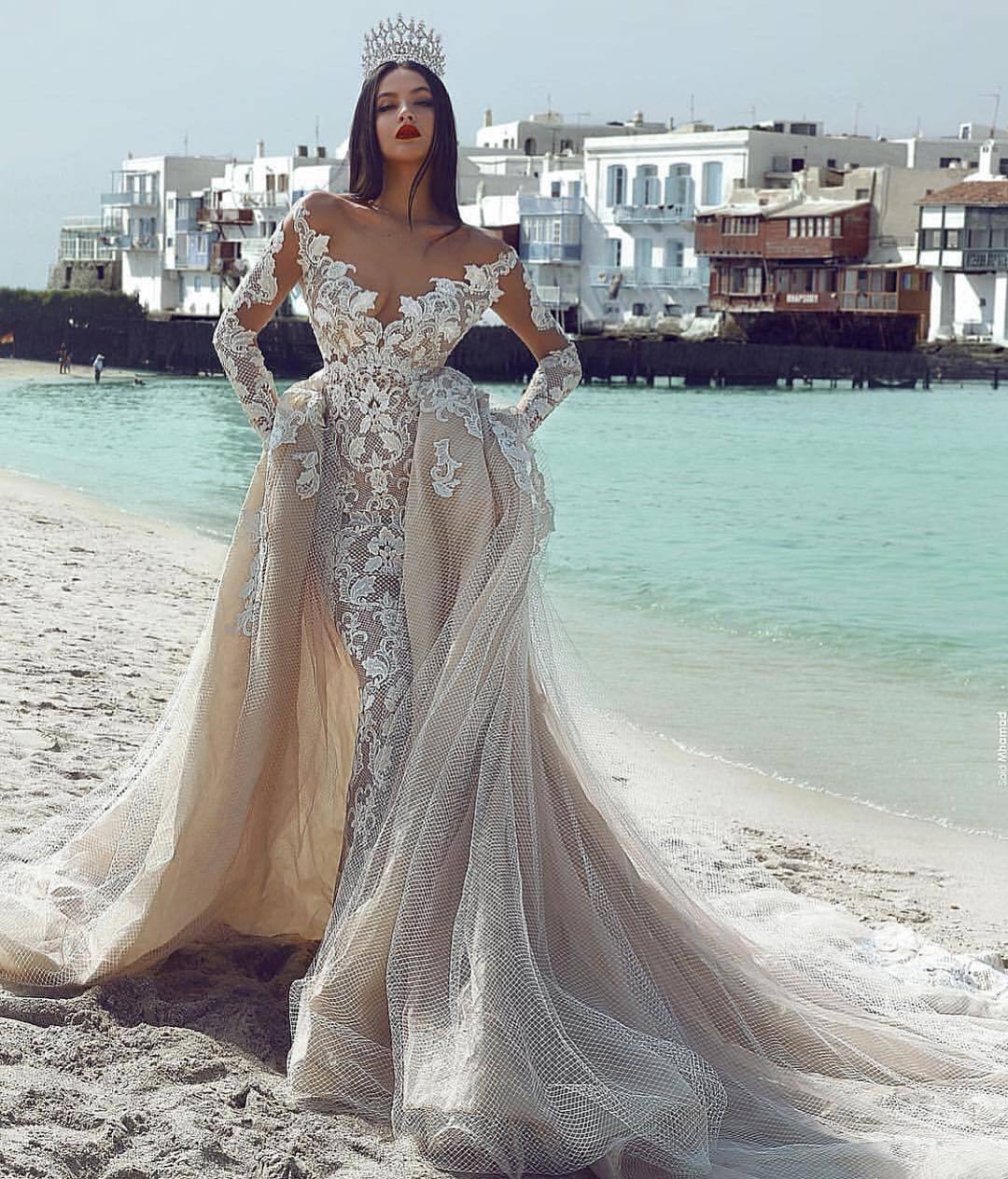 Glamorous V-Neck Long Sleeves Tulle Applique Wedding Dresses with Overskirt-newarrivaldress