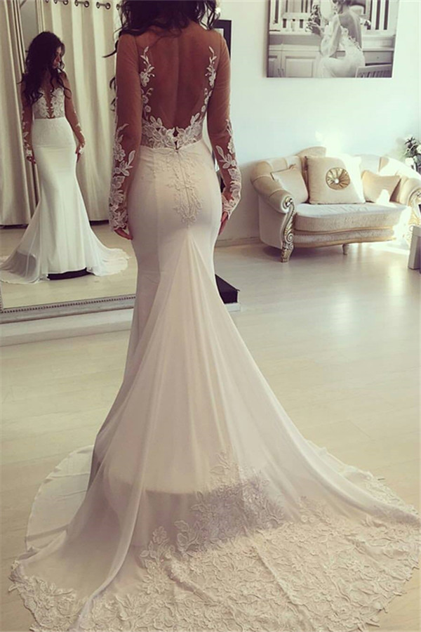 Elegant Mermaid Sheer Custom Made Long Sleeve Wedding Dresses-newarrivaldress