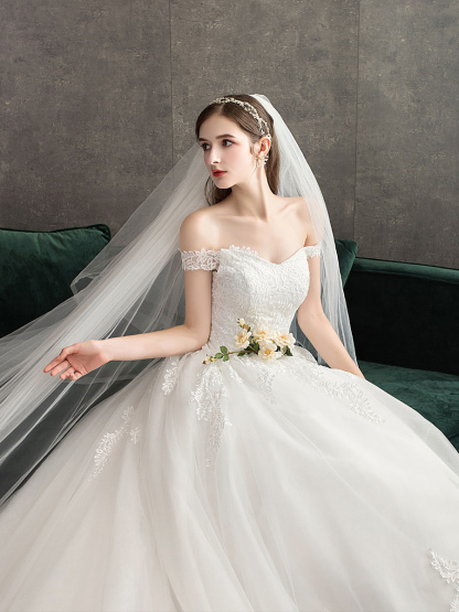 Lace Wedding Dresses Ivory Lace Applique Off The Shoulder Short Sleeve Princess Bridal Gown With Train-newarrivaldress