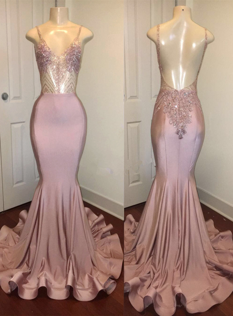 Open Back Spaghetti Straps Beads Long Prom Dresses for Juniors | Mermaid Formal Dresses-newarrivaldress