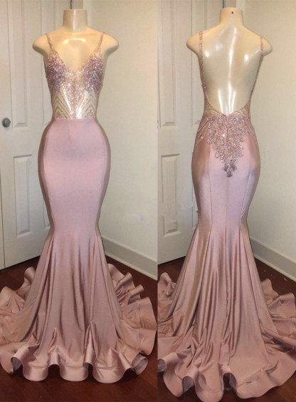 Open Back Spaghetti Straps Beads Long Prom Dresses for Juniors | Mermaid Formal Dresses-newarrivaldress