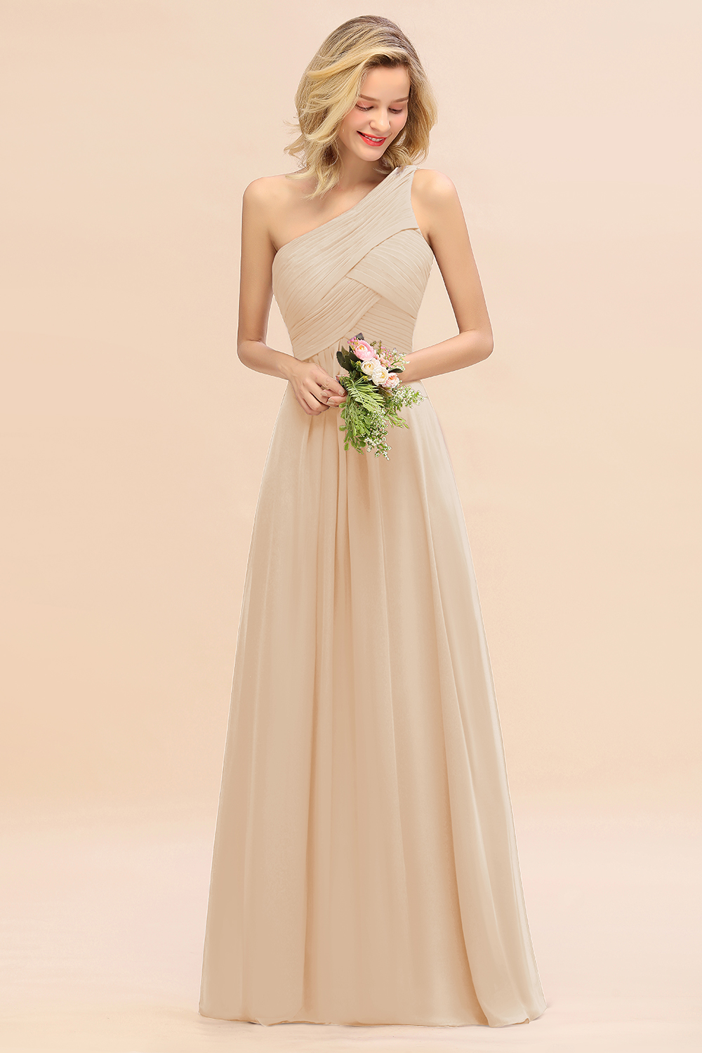 Elegant Ruched Chiffon One Shoulder Bridesmaid Dress Long Sleeveless Evening Dress-newarrivaldress