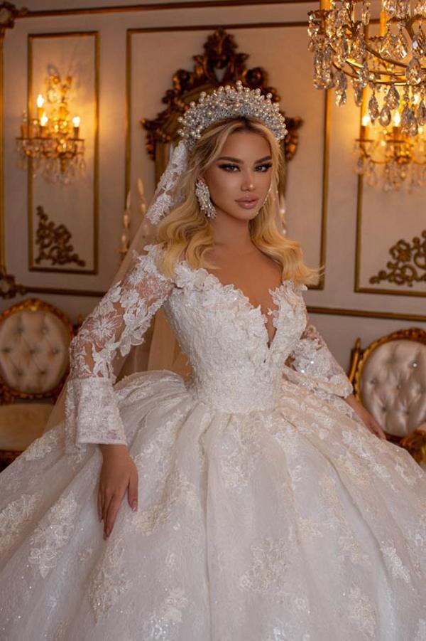 Gorgeous Puffy Sleeves Aline Wedding Dresses Tulle Lace Appliques Bridal Gown-newarrivaldress