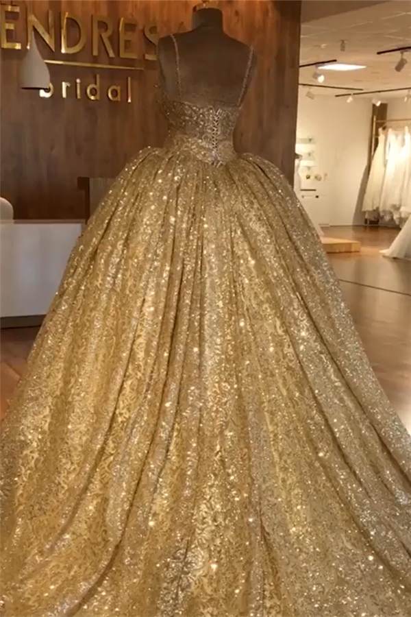 Luxury Sequins Ball Gown Princess A-line Sweetheart Gold Beaded Evening Gown with Spaghetti Straps-newarrivaldress