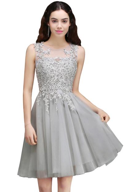 Silver Short Appliques Sleeveless A-Line Tulle Homecoming Dress-newarrivaldress