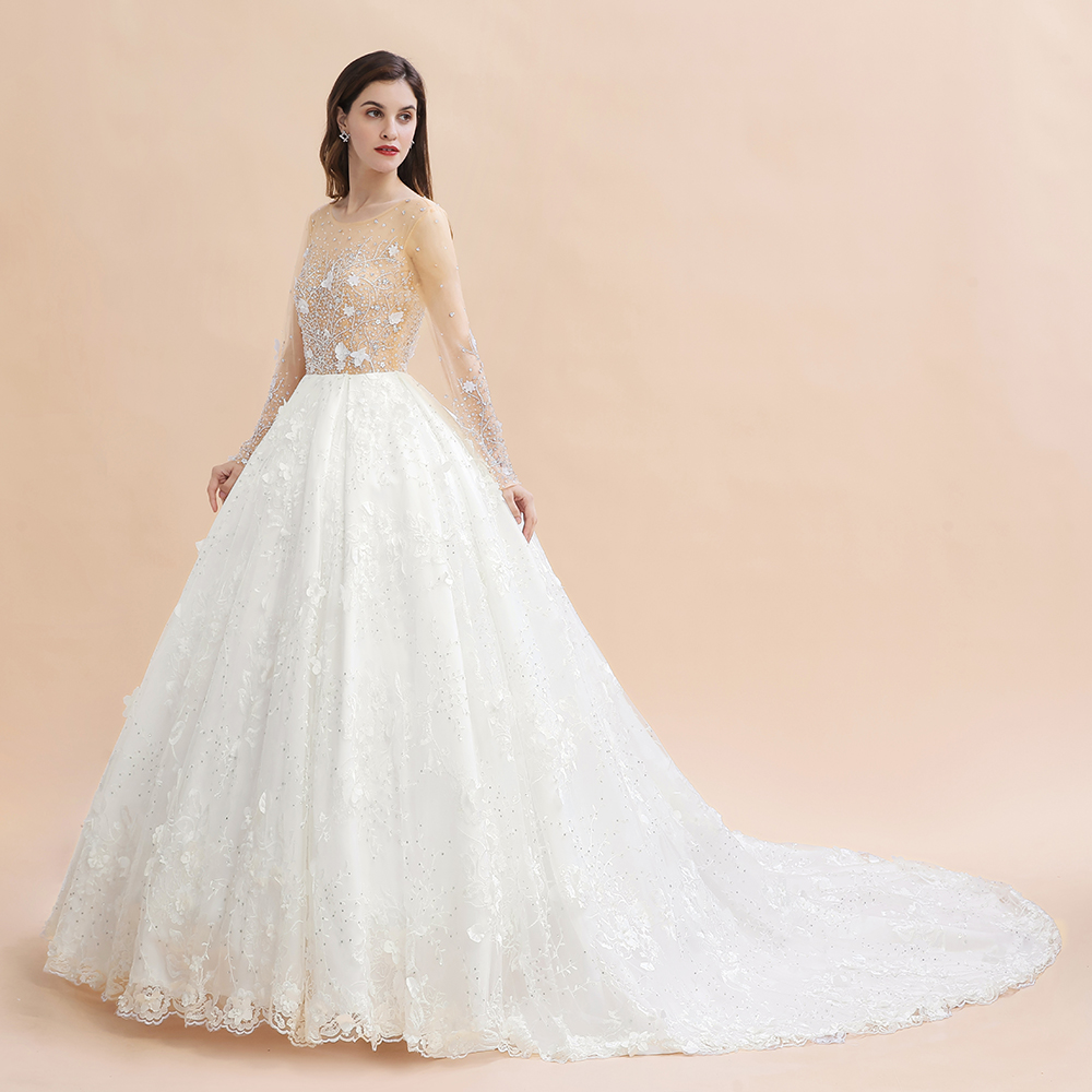 Gorgeous Scoop Neck Wedding Dress Long Sleeves Glitter Floral Lace Aline Bridal Dress-newarrivaldress