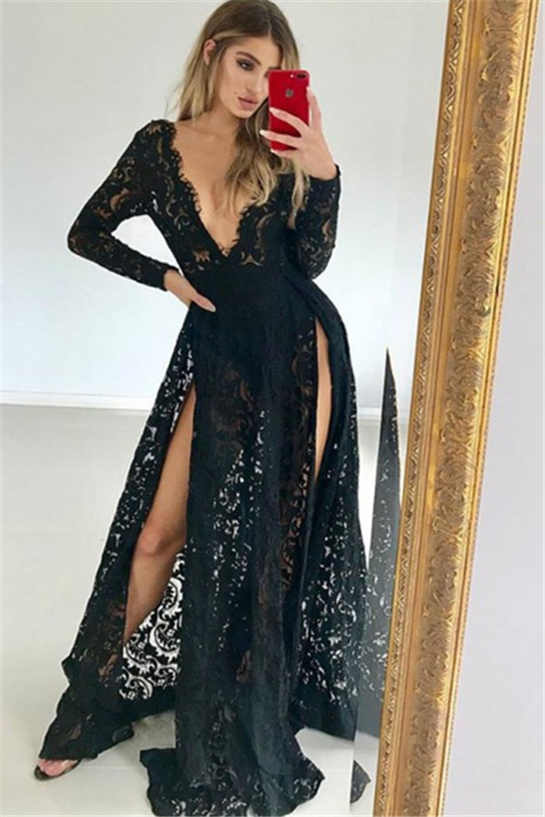 Sexy Black Lace V-Neck Lone-Sleeves Side-Slit Prom Dresses-newarrivaldress