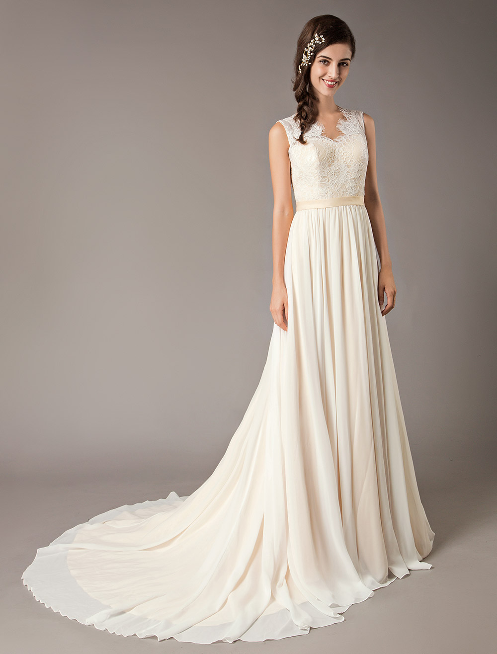 Champagne Wedding Dresses Beach Lace Chiffon V Neck Bridal Dress-newarrivaldress