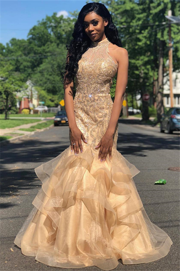 Mermaid Appliques High-Neck Sleeveless Long Prom Dress-newarrivaldress