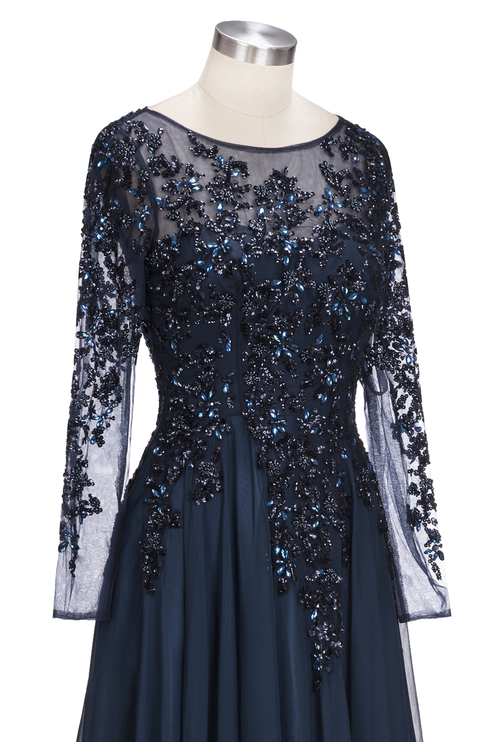 Dark Navy A-line Floor Length Long Sleeve Beads Appliques Elegant Evening Dresses-newarrivaldress