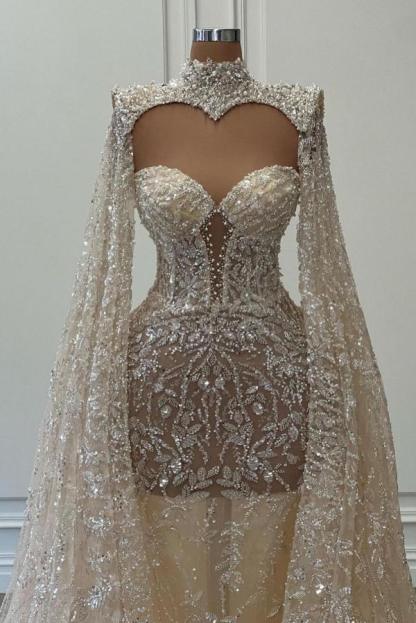 Gorgeous Sweetheart Shiny Sequins Mermaid Wedding Dress with Sweep Shawl-newarrivaldress