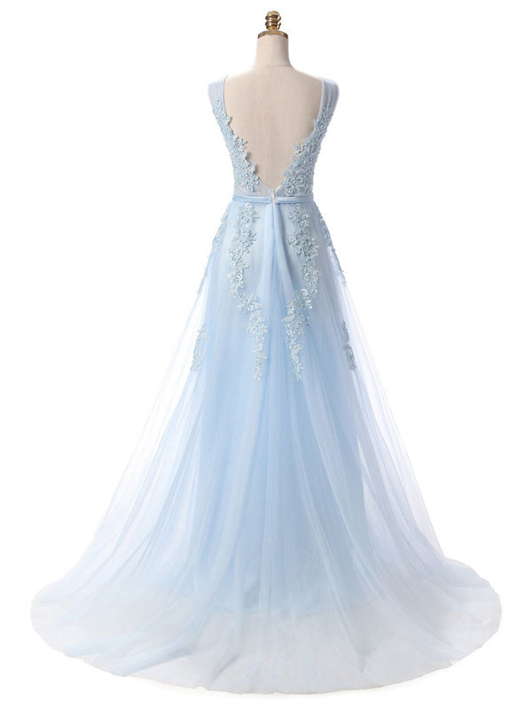Prom Dress V Neck A Line Sleeveless Floor Length Lace Applique Party Dresses-newarrivaldress