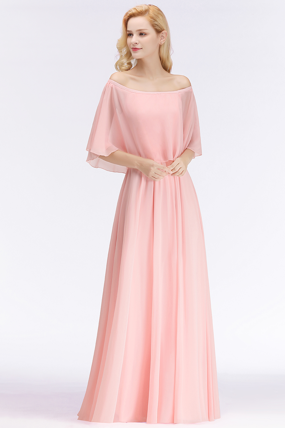NOAH | A-line Long Off-the-shoulder Pink Bridesmaid Dresses with Sleeves-newarrivaldress