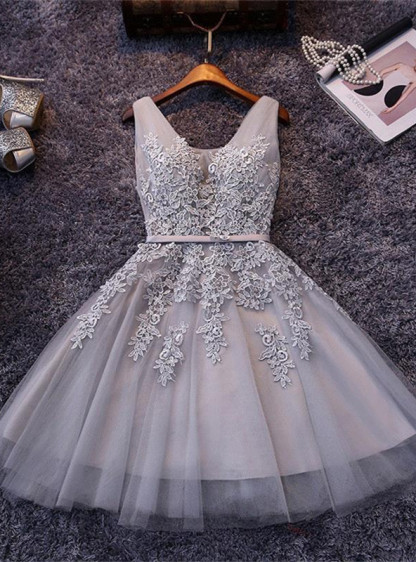Puffy Appliques Lace V-Neck Silver Elegant Sexy Short Homecoming Dresses-newarrivaldress