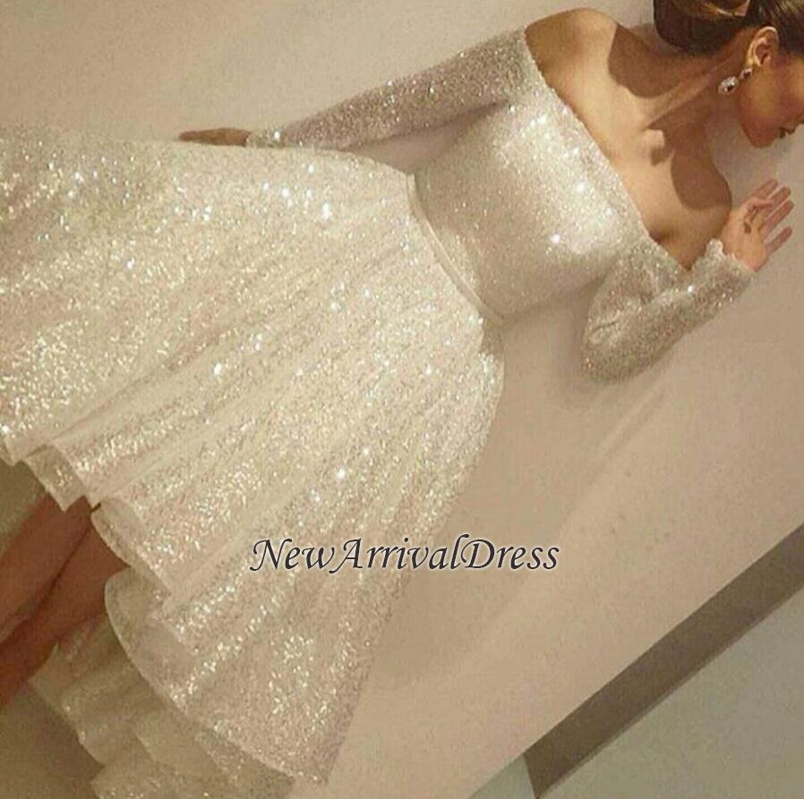 Bling Short Tiers-Skirt Long-Sleeves Off-the-Shoulder Prom Dresses-newarrivaldress