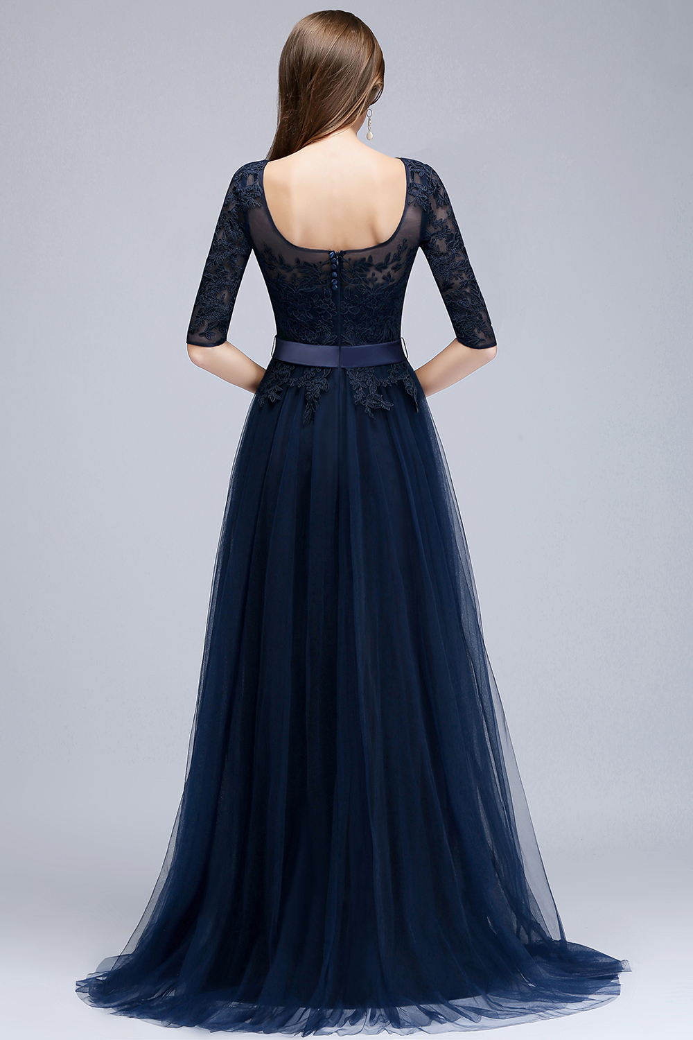 NANA | A-line Half Sleeves Floor Length Slit Appliqued Tulle Prom Dresses with Sash-newarrivaldress