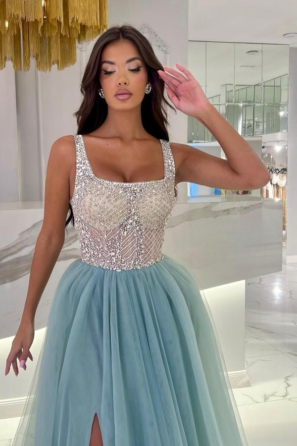 Stunning Square Neck Front Slit Evening Dress Sparkly Sequins Tulle Aline Prom Dress-newarrivaldress