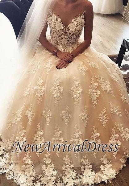 A-Line Sweep Train Lace Appliques Exquisite 3D-Floral Sweetheart Wedding Dresses-newarrivaldress