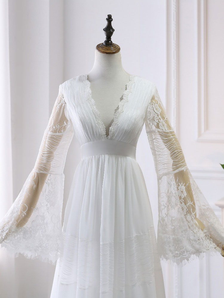 Boho Wedding Dresses 2021 A Line Deep V Neck Multilayer Lace Chiffon Beach Party Dress Bridal Gowns-newarrivaldress