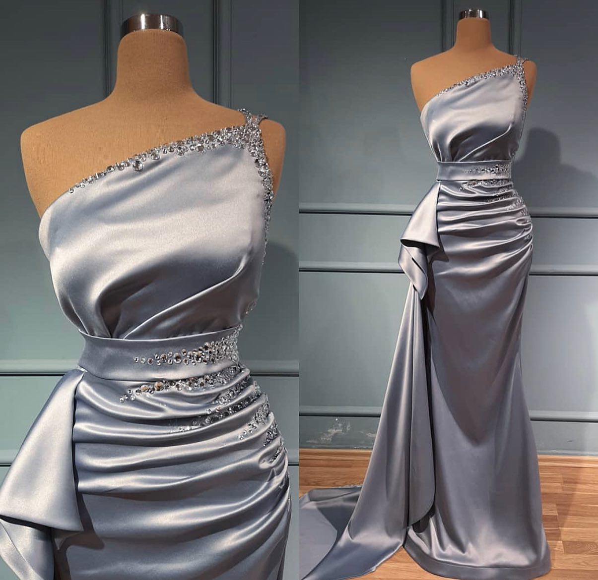 Charming One Shoulder Silver Satin Mermaid Prom Dress Beadings-newarrivaldress