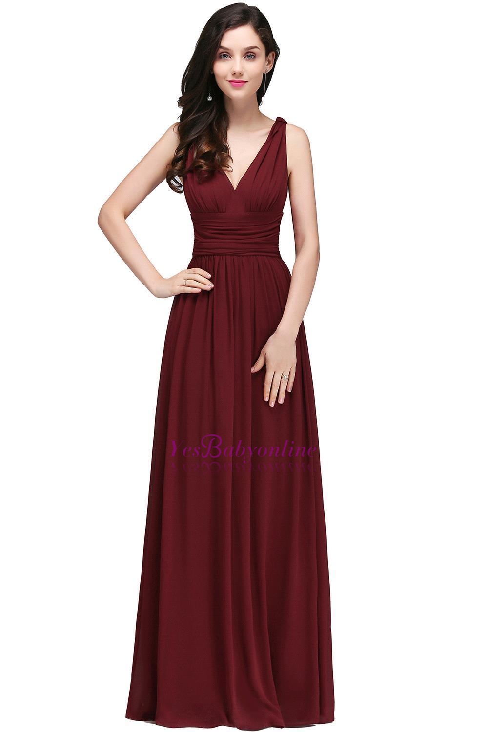 Ruched Chiffon A-line V-Neck Burgundy Evening Dresses