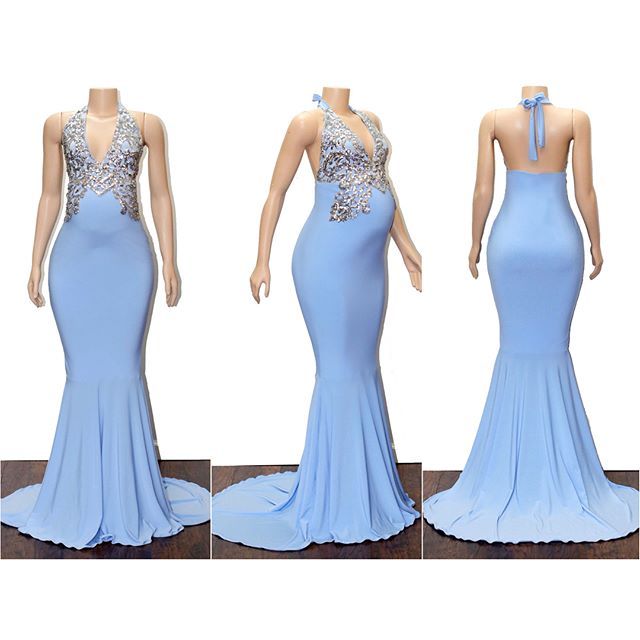 Blue Halter Appliques Sleeveless Pregnant Mermaid Prom Dresses-newarrivaldress
