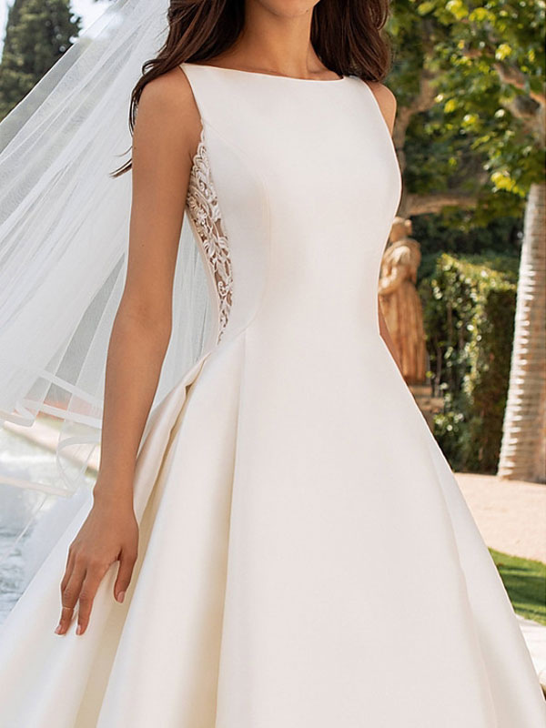 Ivory Wedding Dresses A Line With Chapel Train Sleeveless Lace High Collar Bridal Gowns-newarrivaldress