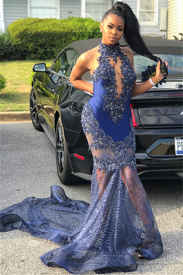 Mermaid Sleeveless High Neck Applique Prom Dresses-newarrivaldress