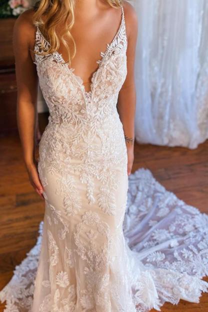 Elegant White Floral Lace Mermaid Wedding Dress V-Neck Bridal Dress-newarrivaldress
