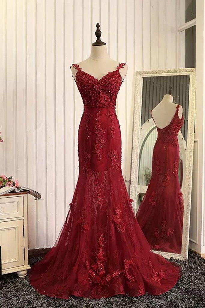 Tulle Mermaid Burgundy Prom Dresses Appliques Open Back Dresses Lace Evening Gowns-newarrivaldress