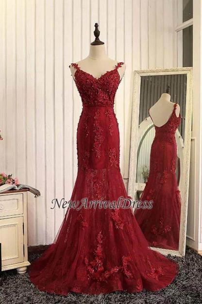 Tulle Mermaid Burgundy Prom Dresses Appliques Open Back Dresses Lace Evening Gowns-newarrivaldress