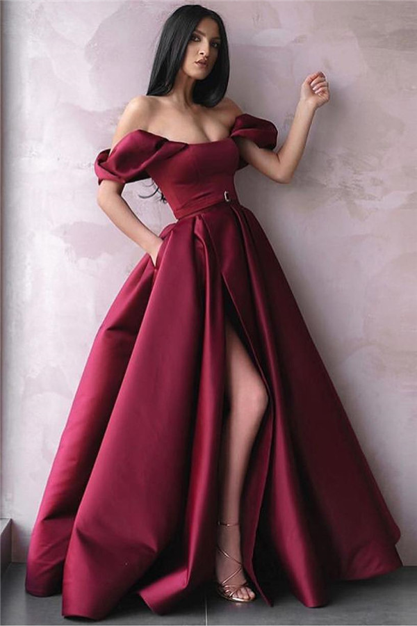 Burgundy Off-The-Shoulder Side-Slit Princess Prom Dress-newarrivaldress
