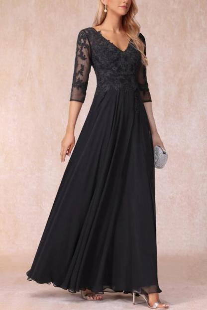 Half Sleeves Chffon Mother of the Bride Dress V-Neck Lace Appliques Wedding Formal Dress-newarrivaldress