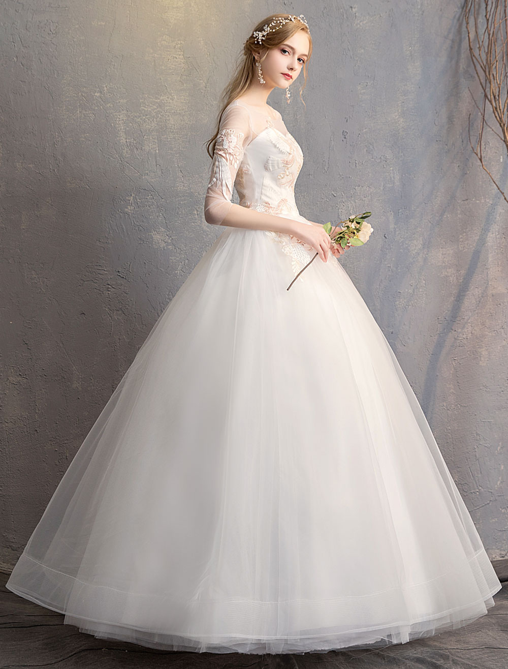 Ball-Gown-Princess-Wedding-Dresses-Ivory-Half-Sleeve-Backless-Applique-Bridal-Dress-newarrivaldress