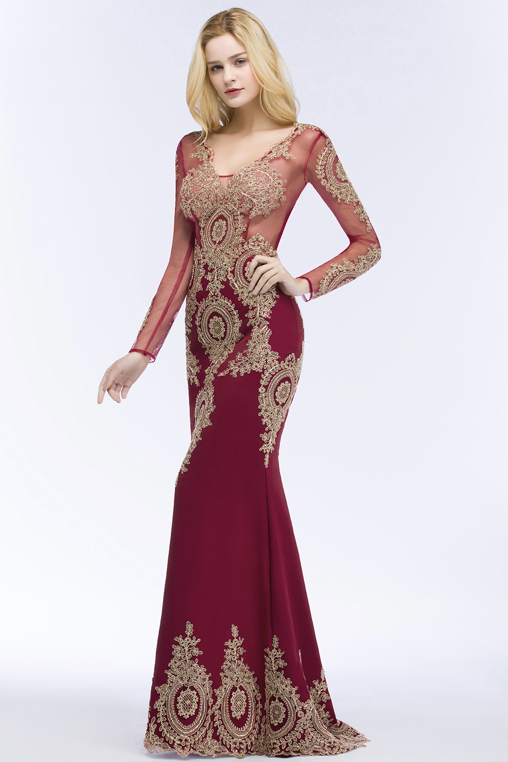 RUTH | Mermaid V-neck Floor Length Long Sleeves Appliques Prom Dresses-newarrivaldress
