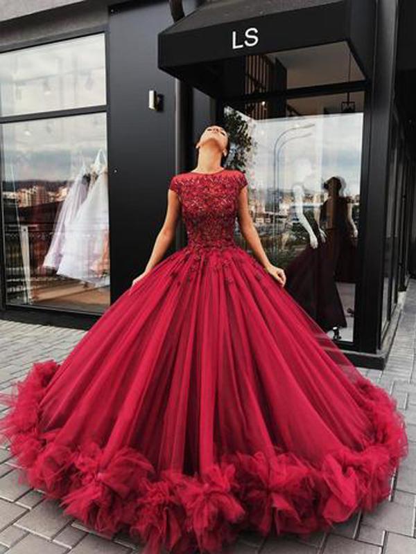 Short Sleeves Burgundy Ball Gown Luxury Scoop Prom Dresses-newarrivaldress