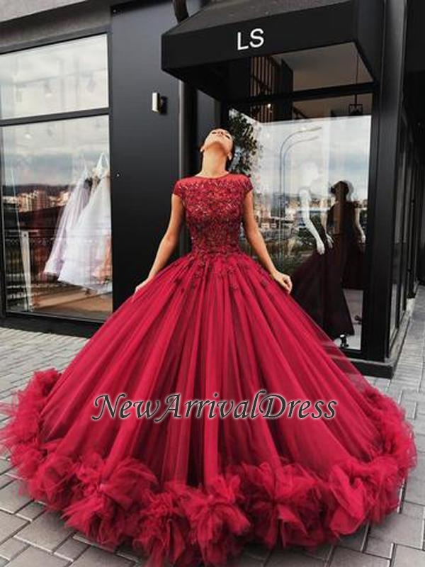 Short Sleeves Burgundy Ball Gown Luxury Scoop Prom Dresses-newarrivaldress